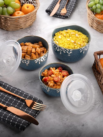 TAKISSO Porcelain Bowl Set of 3 with Airtight Lids (1000ml, 600ml, 325ml) – Microwave & Dishwasher Safe Food Storage Containers