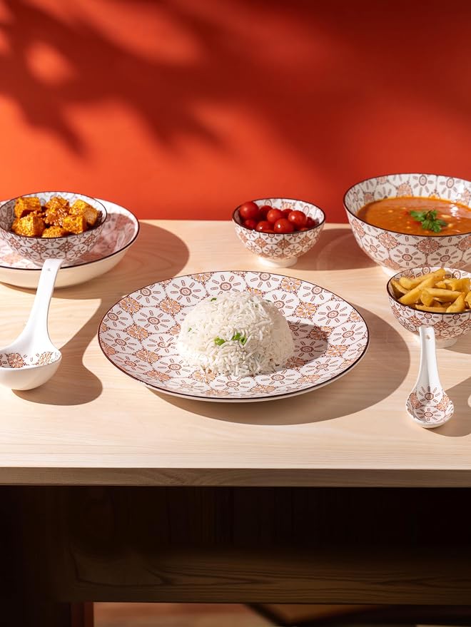 TAKISSO 35-Piece Porcelain Dinnerware Set (Plates, Bowls & Spoons) – Microwave & Dishwasher Safe Crockery