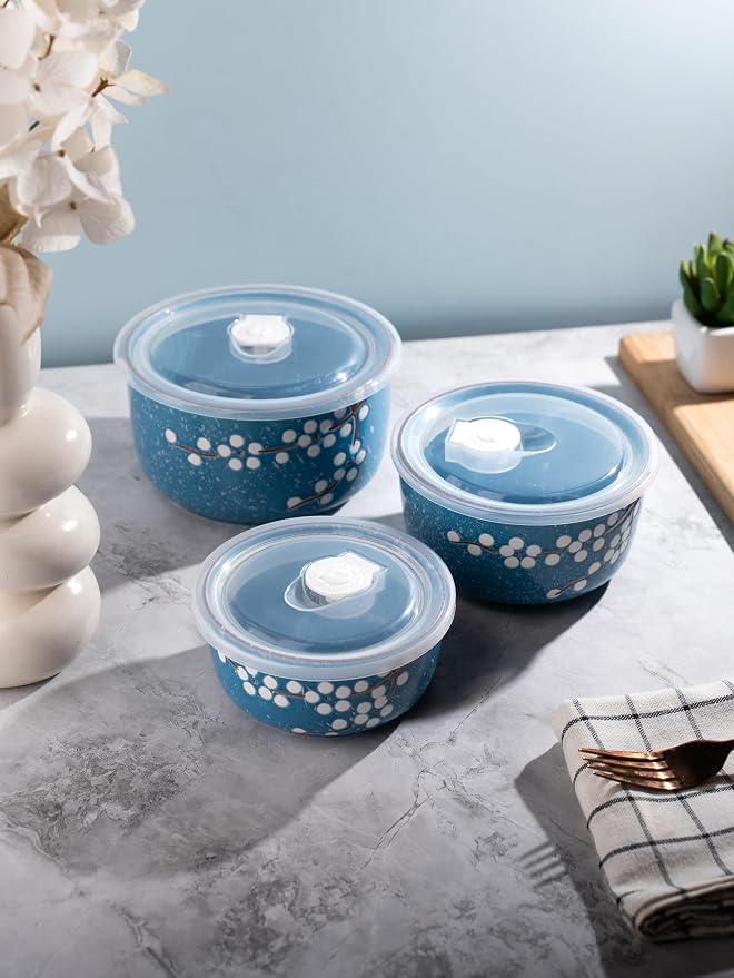 TAKISSO Porcelain Bowl Set of 3 with Airtight Lids (1000ml, 600ml, 325ml) – Microwave & Dishwasher Safe Food Storage Containers