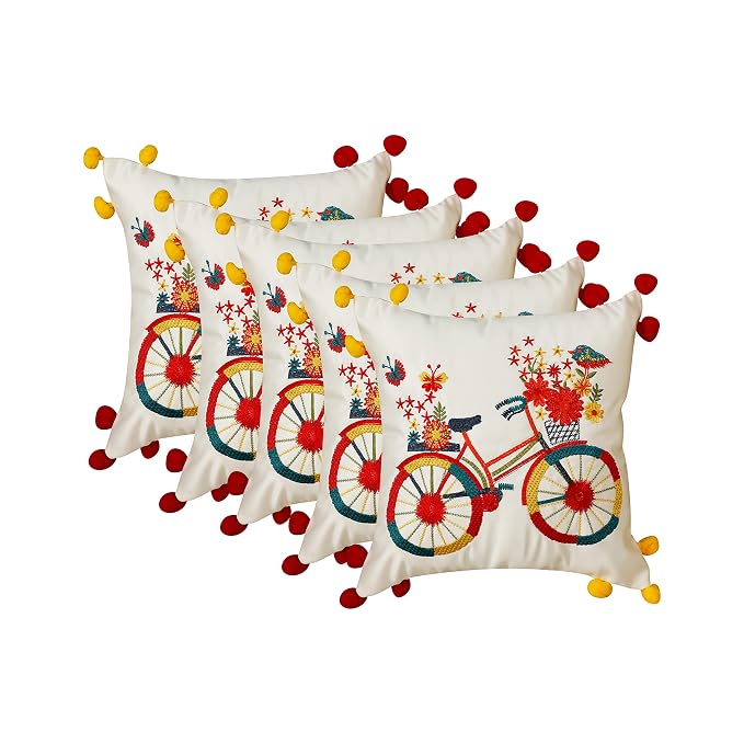 Embroidered Floral Bicycle Cushion Covers with Pom-Pom Edges Pack of 5 (16" x 16")