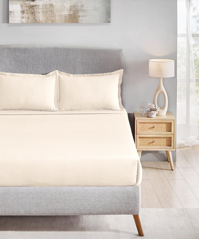 MyTrident Classic Solid Stripe 210 TC Cotton Bedsheet Set with Pillow Covers