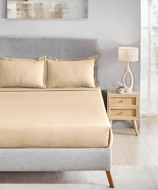 MyTrident Classic Solid Stripe 210 TC Cotton Bedsheet Set with Pillow Covers