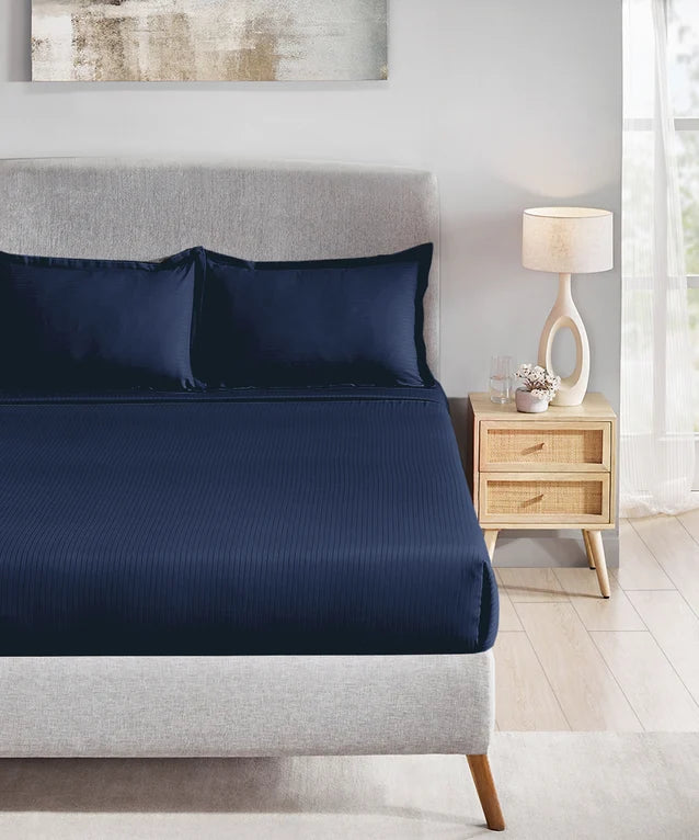 MyTrident Classic Solid Stripe 210 TC Cotton Bedsheet Set with Pillow Covers