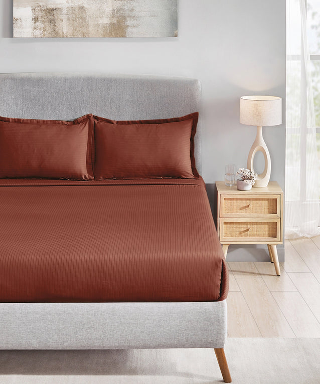MyTrident Classic Solid Stripe 210 TC Cotton Bedsheet Set with Pillow Covers