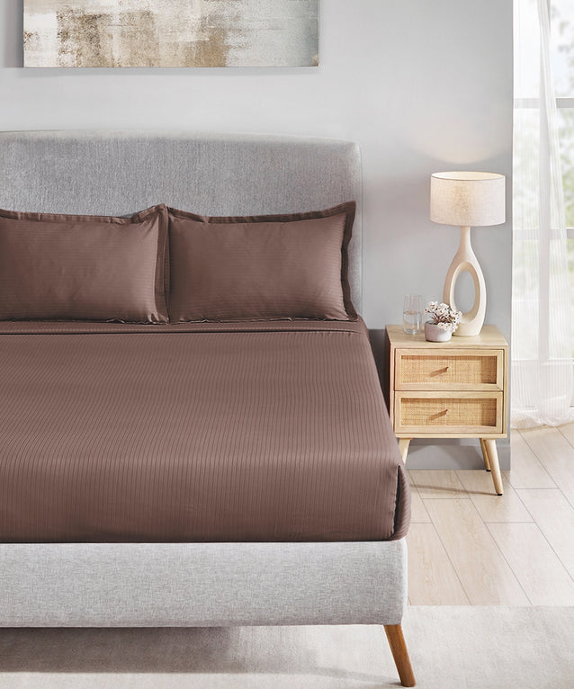 MyTrident Classic Solid Stripe 210 TC Cotton Bedsheet Set with Pillow Covers