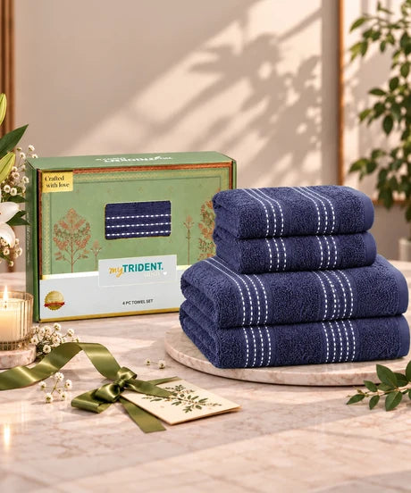 MyTrident Utsav Gold Extra Absorbent Cotton Towel Set (4 Pcs) – Lightweight Festive Gift Towel Pack
