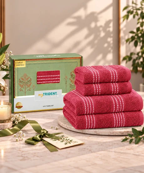 MyTrident Utsav Gold Extra Absorbent Cotton Towel Set (4 Pcs) – Lightweight Festive Gift Towel Pack