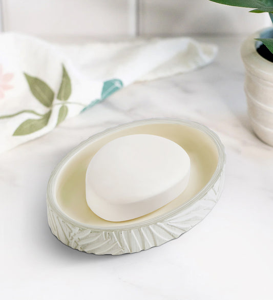 Ivory Leaf-Patterned Oval Resin Soap Dish – Elegant & Textured