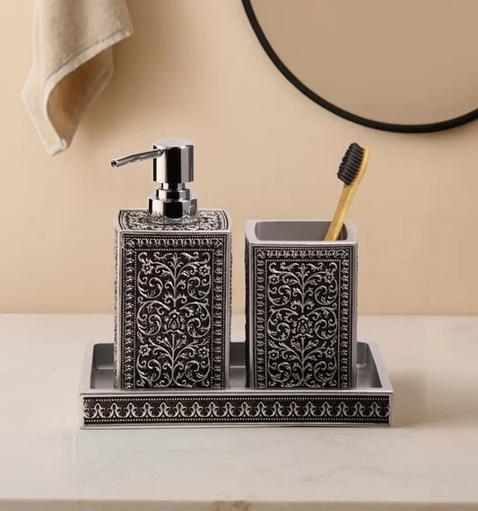 Obsessions Myra 3-Piece Carved Polyresin Bathroom Accessory Set – Black & Grey