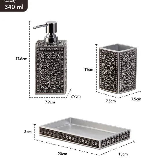 Obsessions Myra 3-Piece Carved Polyresin Bathroom Accessory Set – Black & Grey