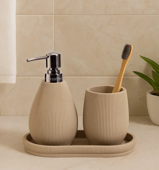 Obsessions Myra 3-Piece Polyresin Bathroom Accessory Set – Taupe