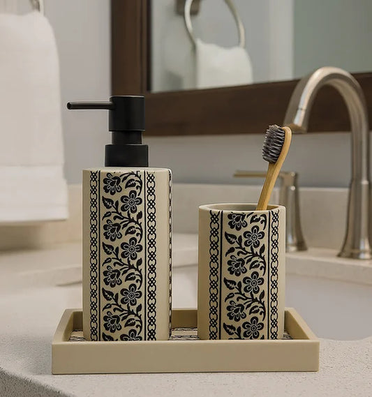 Obsessions Myra 3-Piece Polyresin Bathroom Accessory Set – Cream & Black Floral