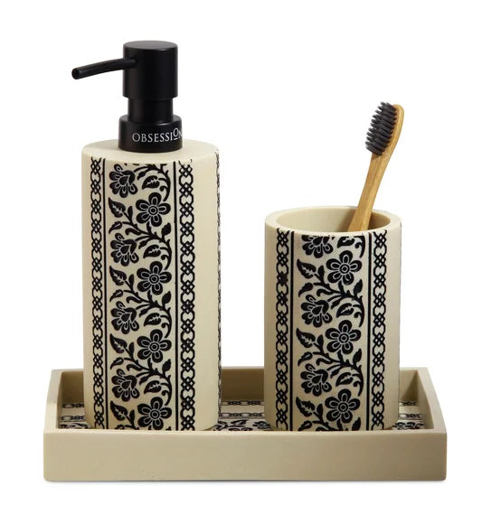 Obsessions Myra 3-Piece Polyresin Bathroom Accessory Set – Cream & Black Floral