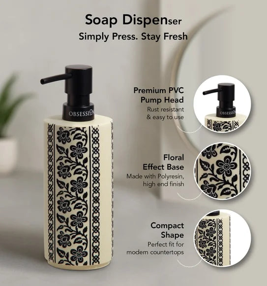 Obsessions Myra 3-Piece Polyresin Bathroom Accessory Set – Cream & Black Floral