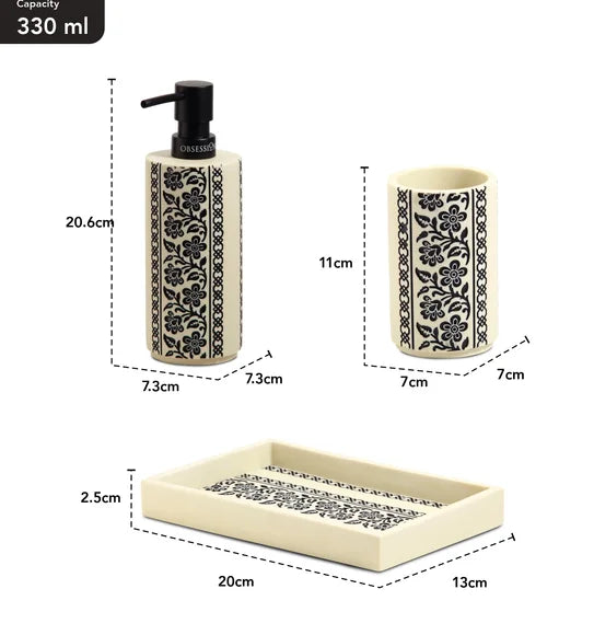 Obsessions Myra 3-Piece Polyresin Bathroom Accessory Set – Cream & Black Floral