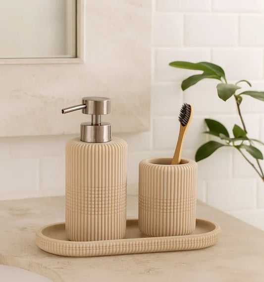 Atoz Home Decor Obsessions Myra 3-Piece Polyresin Bathroom Accessory Set – Dark Beige