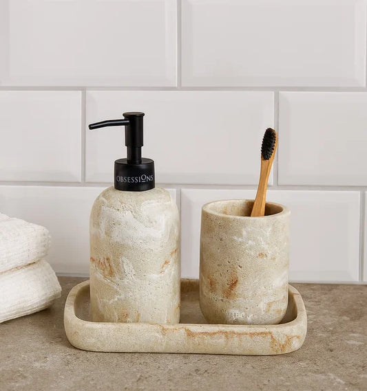 Obsessions Myra 3-Piece Polyresin Bathroom Accessory Set – Beige