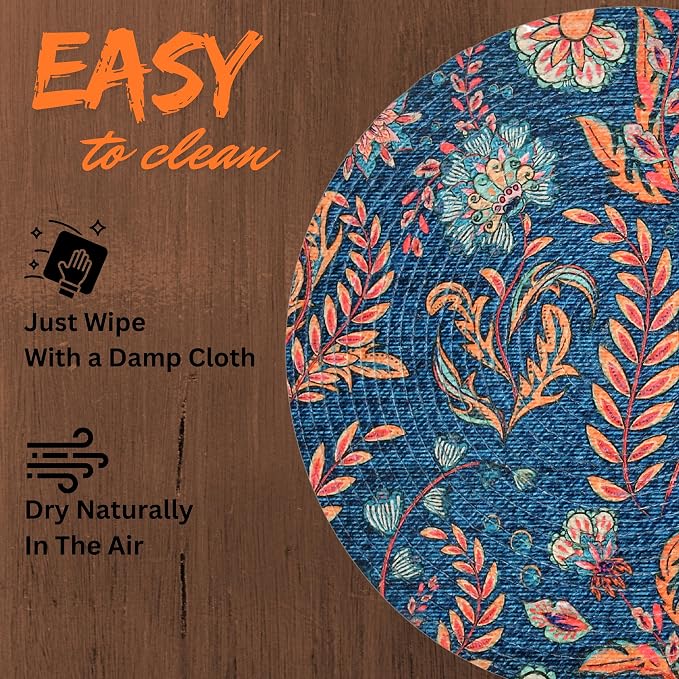 Atoz Home Decor Jute & Cotton Braided Anti-Skid Printed Round Dining Table Mats (14" x 14") – Pack of 6 Heat-Resistant Washable Placemats