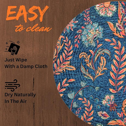 Atoz Home Decor Jute & Cotton Braided Anti-Skid Printed Round Dining Table Mats (14" x 14") – Pack of 6 Heat-Resistant Washable Placemats