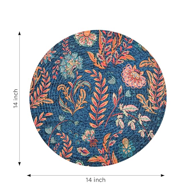 Atoz Home Decor Jute & Cotton Braided Anti-Skid Printed Round Dining Table Mats (14" x 14") – Pack of 6 Heat-Resistant Washable Placemats