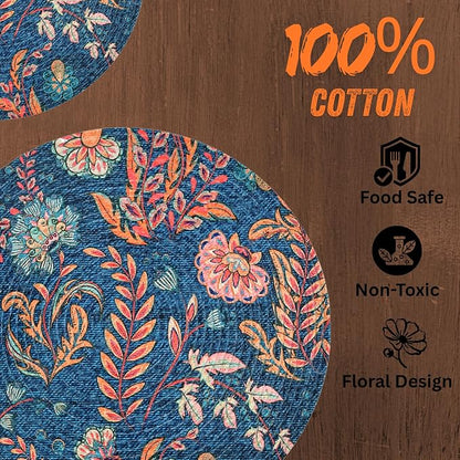 Atoz Home Decor Jute & Cotton Braided Anti-Skid Printed Round Dining Table Mats (14" x 14") – Pack of 6 Heat-Resistant Washable Placemats