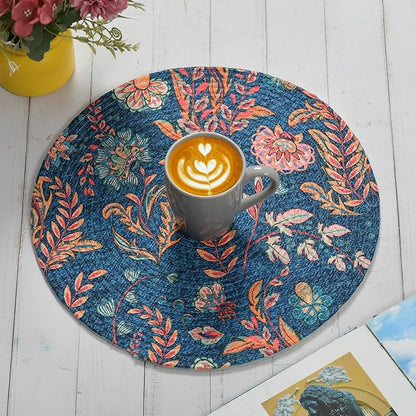 Atoz Home Decor Jute & Cotton Braided Anti-Skid Printed Round Dining Table Mats (14" x 14") – Pack of 6 Heat-Resistant Washable Placemats