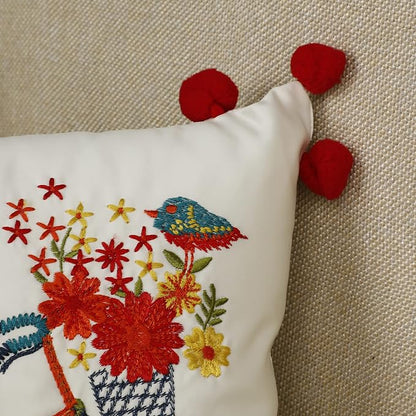 Embroidered Floral Bicycle Cushion Covers with Pom-Pom Edges Pack of 5 (16" x 16")