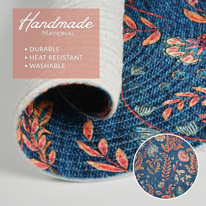 Atoz Home Decor Jute & Cotton Braided Anti-Skid Printed Round Dining Table Mats (14" x 14") – Pack of 6 Heat-Resistant Washable Placemats