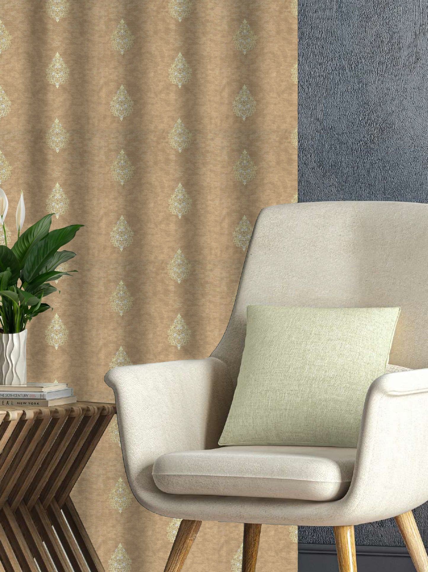 Brown Curtain Fabric with Gold Embroidery – Paisley Motif, 4ft & 10ft Widths