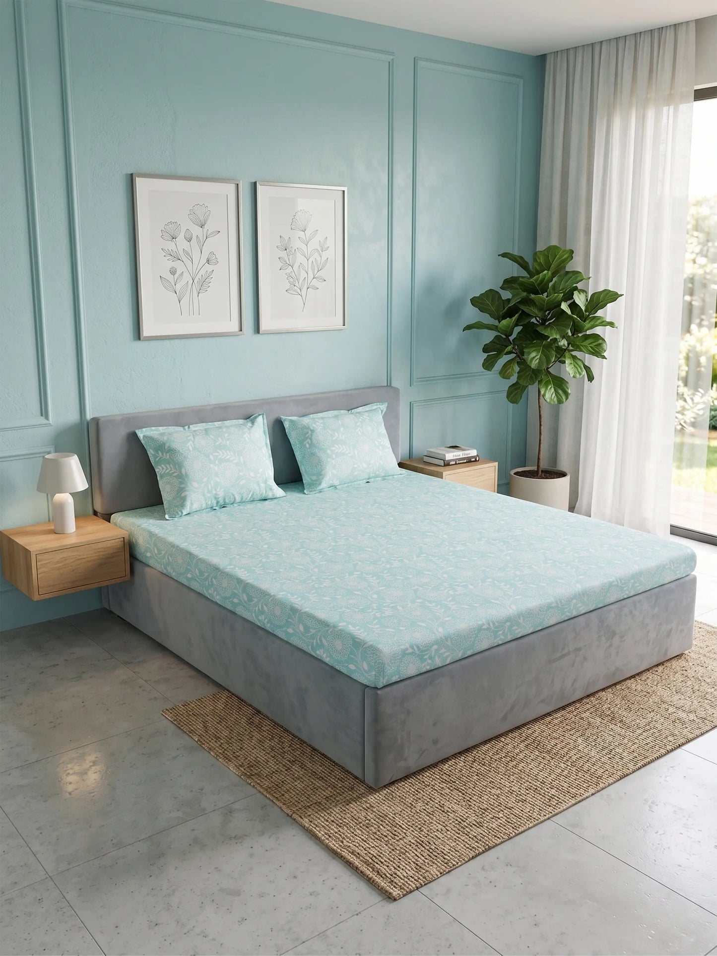 Soft Feel, Jardin Floral Double Bed Sheet Set with 2 Pillow Cases – 100% Cotton (210 TC)