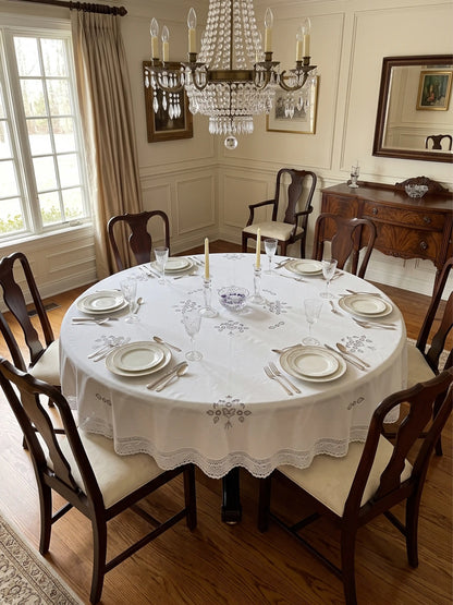 AtoZ Home Decor Embroidered Motif Round Dining Table Cover | White/Brown 72"