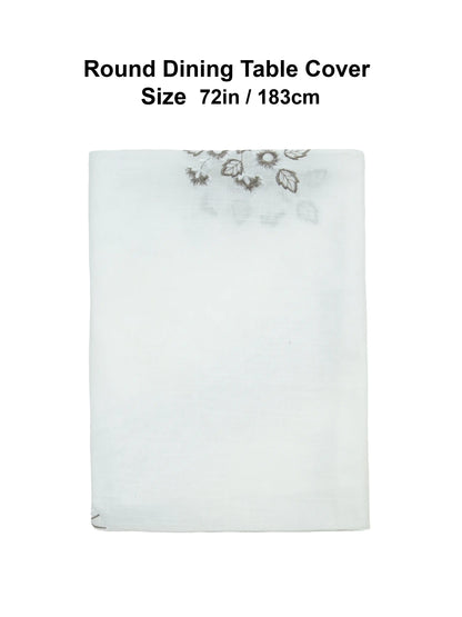 AtoZ Home Decor Embroidered Motif Round Dining Table Cover | White/Brown 72"