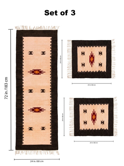 Atoz Home Decor Traditional Geometric Cotton Chenille Runner and Mat Set Of 3|Beige-Brown & Orange-Brown