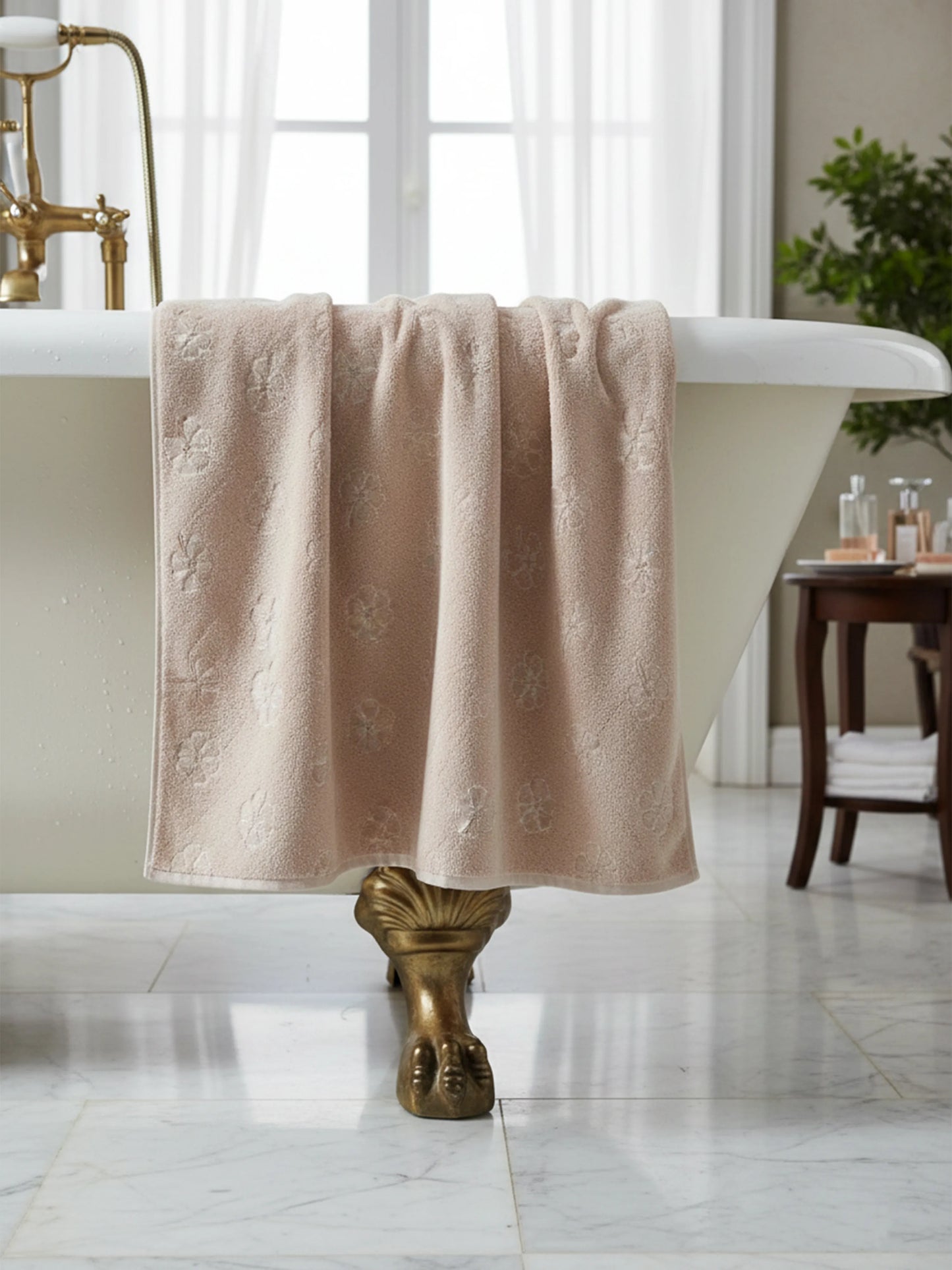 Plush Comfort, Floral Embossed Terry Weave Bath Towel with Quick-Dry Performance – 100% Cotton