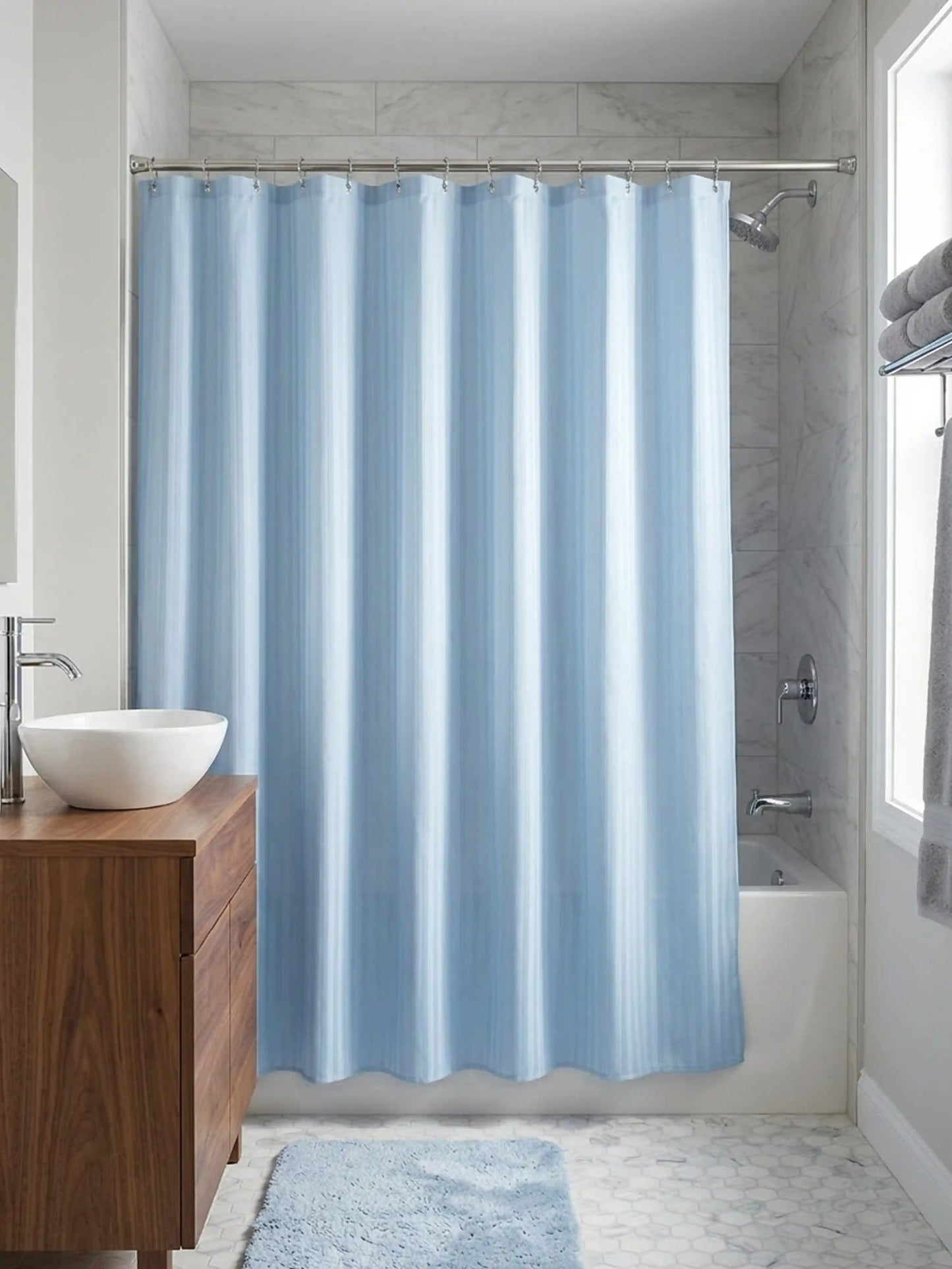 Super Living Waterproof Striped Shower Curtain with Hooks | Soft Texture Durable Bathroom Curtain | 180 x 200 CM