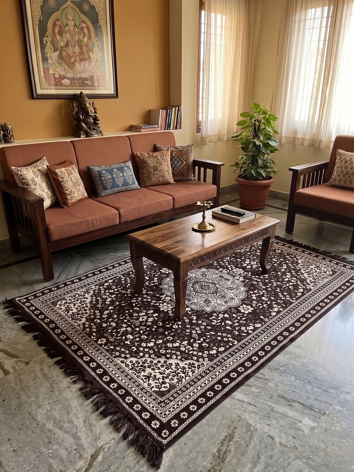 Premium Cotton Chenille Carpet for Living Room | 4.5x7 ft | Red, Blue & Brown