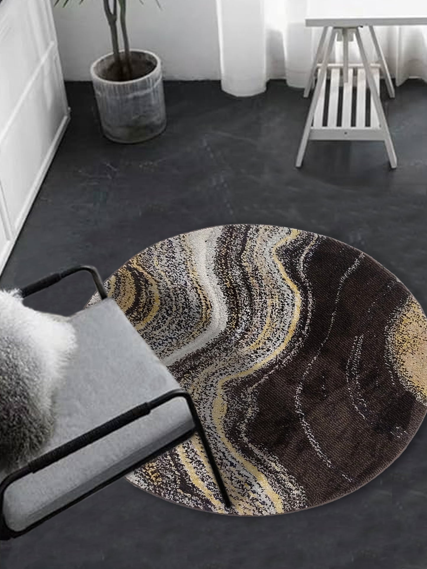 Brown Taupe Marble Circular Rug – Turkish Microfiber, Non Slip, 100×100cm