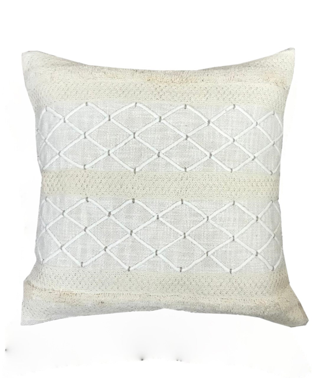Embroidered Diamond Lattice Cushion Cover – Off-White Linen, 18x18