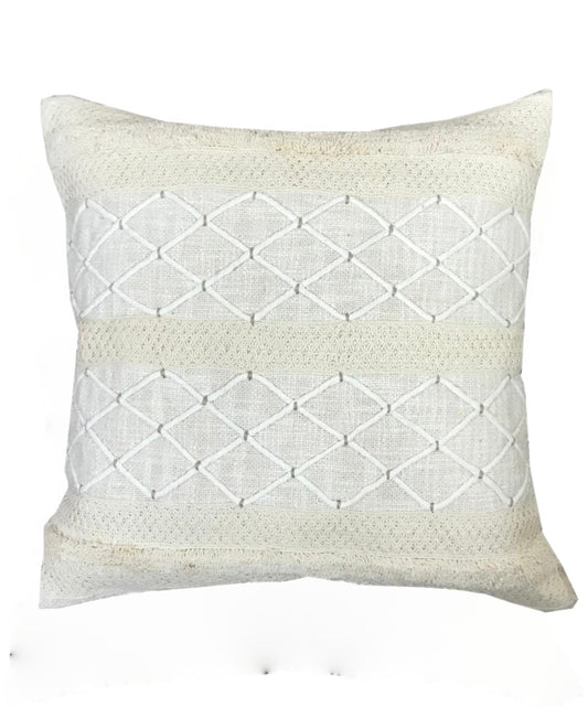 Embroidered Diamond Lattice Cushion Cover – Off-White Linen, 18x18