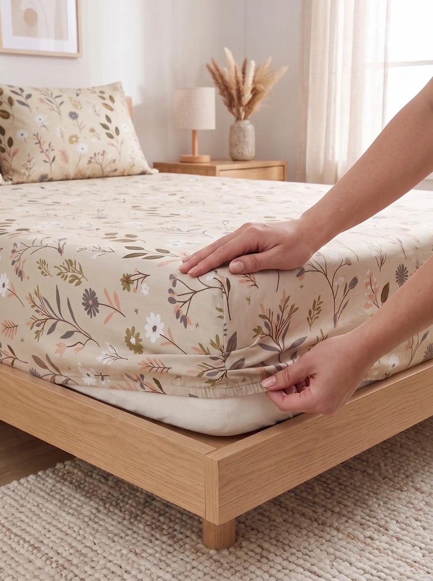 Soft Feel Cream Botanical Cotton King Bedsheet Set