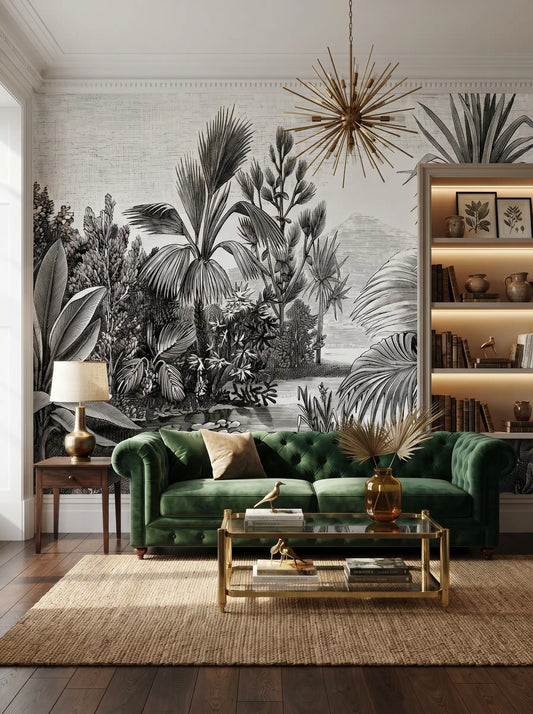 AtoZ Home Decor Tropical Black & White Vintage Etched Wall Mural Wallpaper - Custom & Standard Sizes