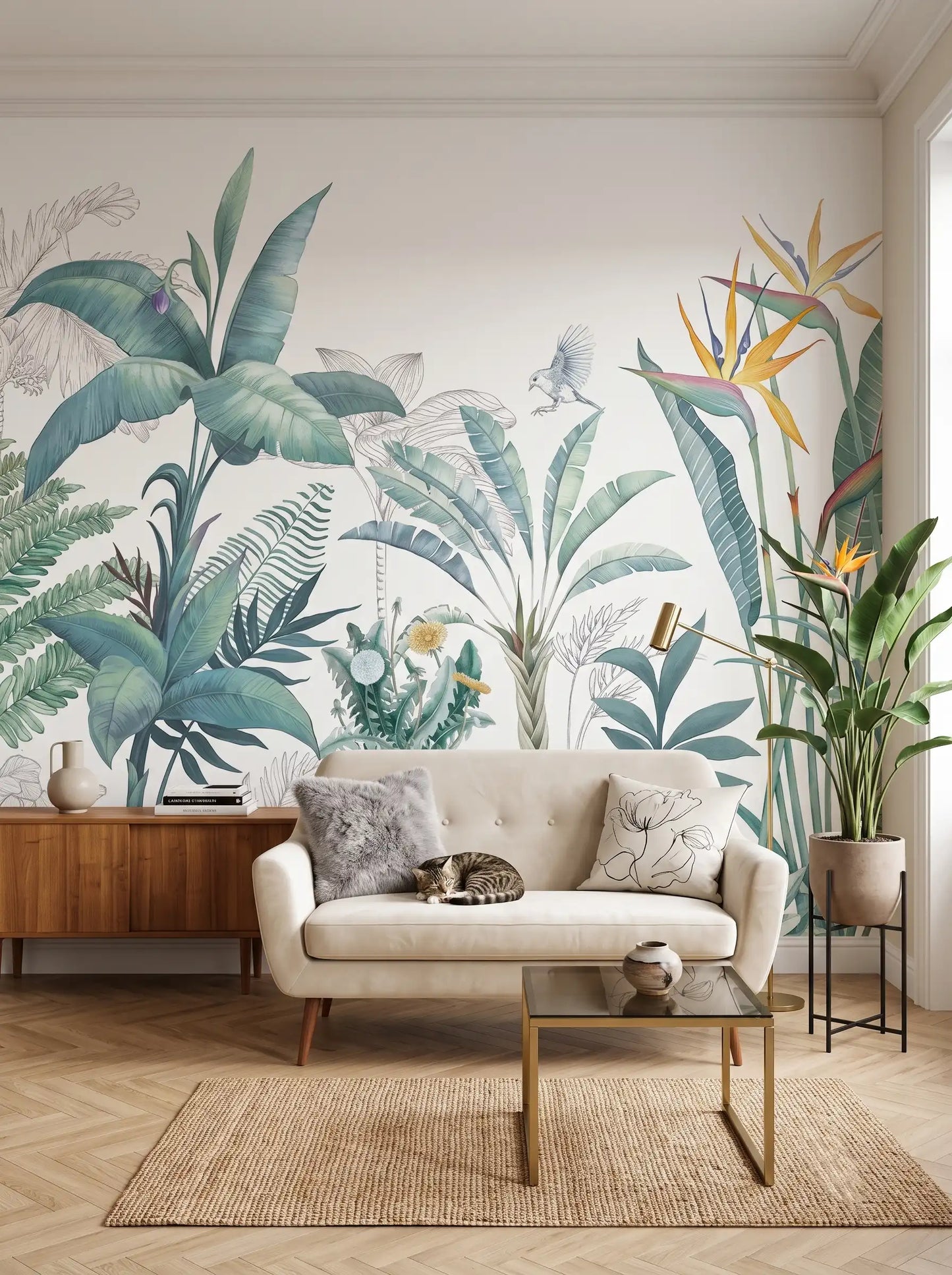 AtoZ Home Decor Tropical Greeny Leaves & Bird of Paradise Wall Mural Wallpaper - Custom & Standard Sizes