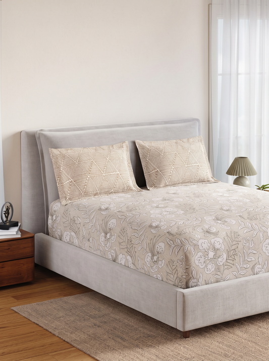 SPACES Calm Living Floral Fitted King Bedsheet Set 2 Pillow Covers (183cm x 198cm + 30cm Drop) – Beige