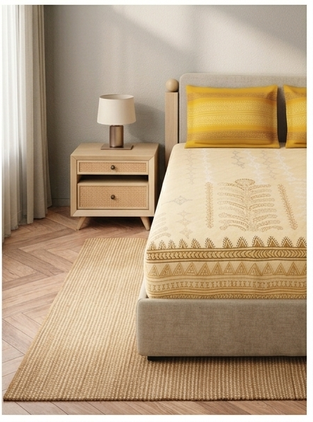 Spaces King Size Bedsheet Set | Yellow Ethnic Print | 274x274 cm