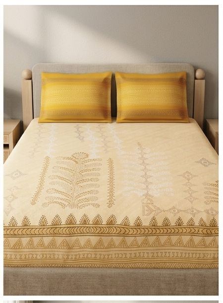 Spaces King Size Bedsheet Set | Yellow Ethnic Print | 274x274 cm
