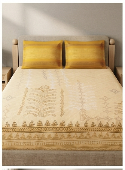 Spaces King Size Bedsheet Set | Yellow Ethnic Print | 274x274 cm