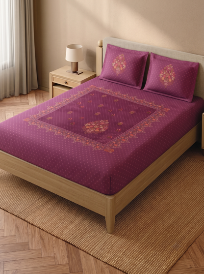 Spaces King Size Bedsheet Set | Magenta Floral Print | 274x274 cm