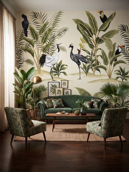 AtoZ Home Decor Tropical Cranes in the Jungle Peel and Stick Wall Mural - Custom & Standard Sizes