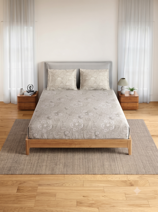 SPACES Calm Living Floral Fitted King Bedsheet Set 2 Pillow Covers (183cm x 198cm + 30cm Drop) – Beige