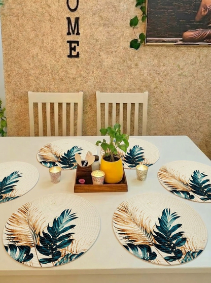 Atoz Home Decor Jute & Cotton Braided Anti-Skid Printed Round Dining Table Mats (14" x 14") – Pack of 6 Heat-Resistant Washable Placemats